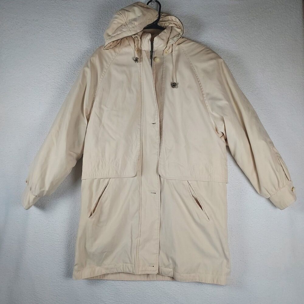 London Fog Womens Medium Hooded Insulated Coat Light Beige Long Rain Jacket
